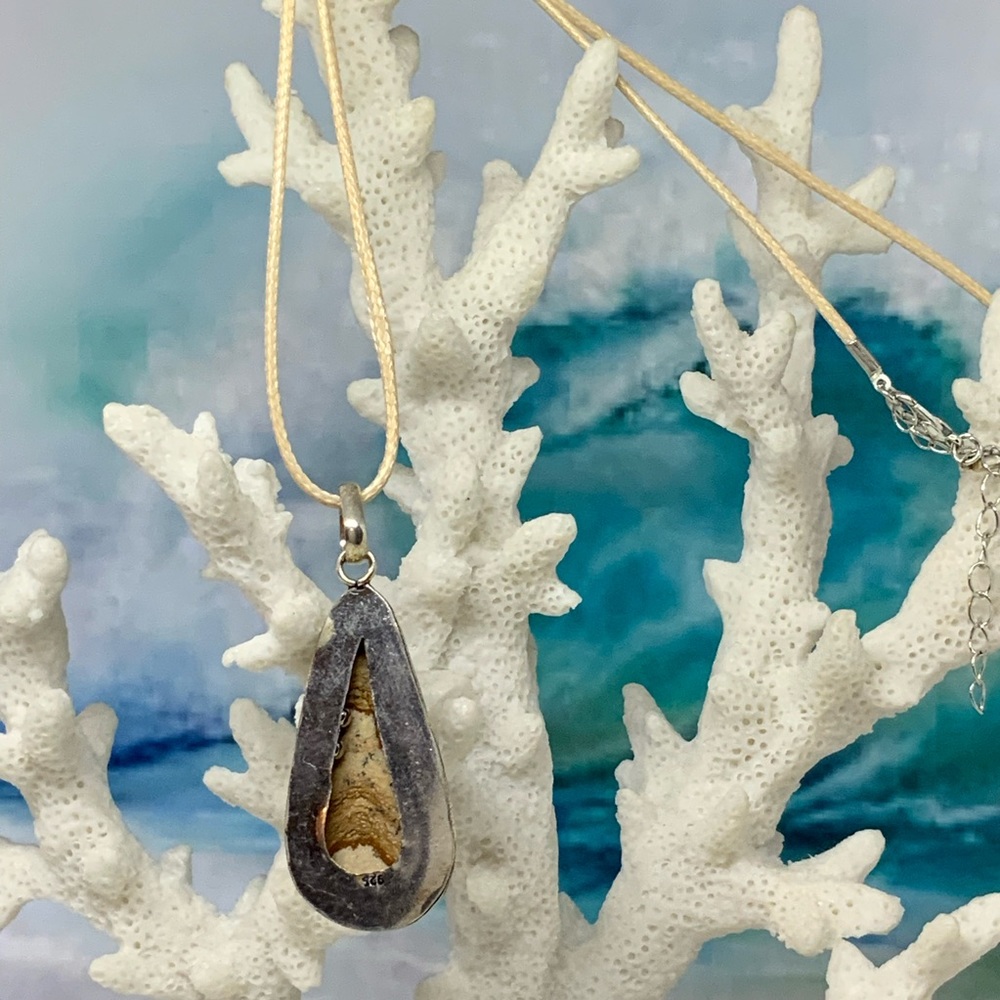 Picture Jasper Necklace - 925 Silver Plated on Waxed Cotton Cord - Handmade - Picture 3 of 10